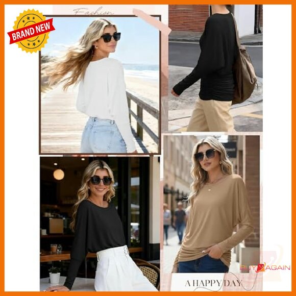 Long Sleeve Dolman Tops 3 Pack, Flowy Bat Wing Tees, Polyester Cotton Blend - Picture 5 of 7